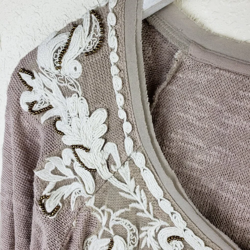 Anthropologie Meadow Rue Top Long Sleeve Boho Victorian Embroidered Beaded sz M